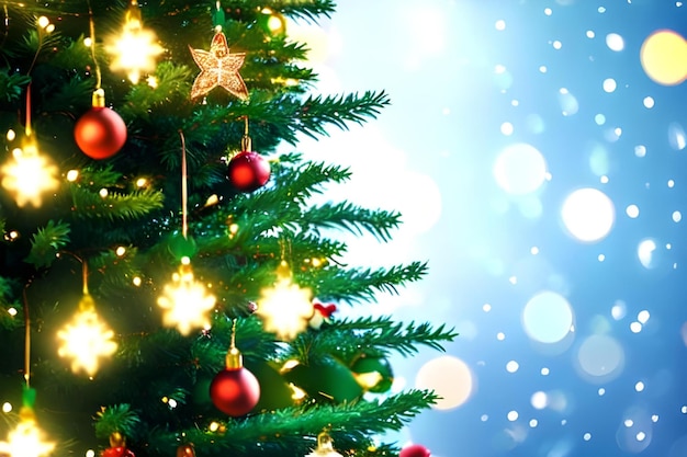 Рождественская елка с красно-золотыми украшениями и украшениями на размытом фоне боке