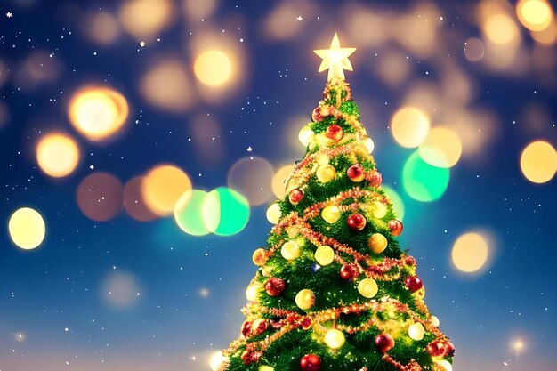 Christmas tree with red gold ornaments and baubles on blurred bokeh lights background Generative AI