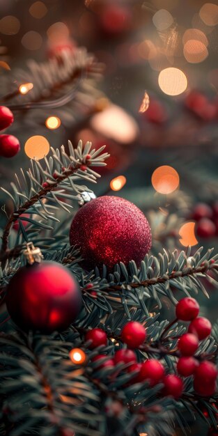 赤い装飾とライトのクリスマスツリー