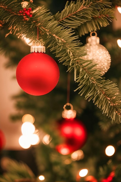 A christmas tree with red ornaments and white balls