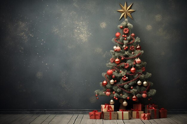 Photo a christmas tree with red presents in front of a wall with a star on it