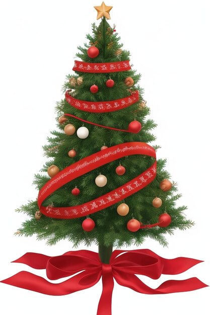 a christmas tree with a red ribbon around it