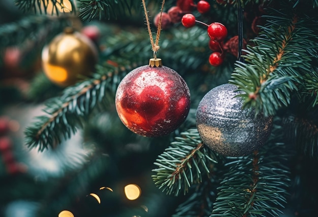 Christmas tree with a red and silver bauble hanging from it