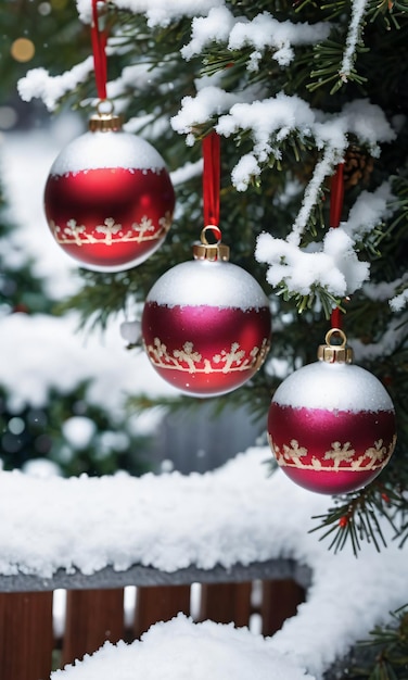 나무 울타리 에 매달린 빨간색 과 색 의 장식품 을 가진 크리스마스 트리