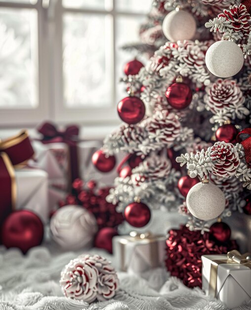 Photo a christmas tree with a red and white ornaments and a silver box with a red and white bauble