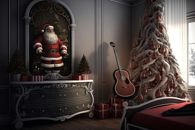 Рождественская елка с санта-клаусом и игольницей из музыкальной шкатулки, созданная с помощью генеративного ИИ