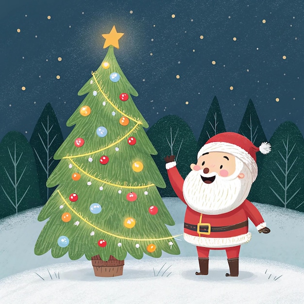 a christmas tree with a santa claus standing in the snow