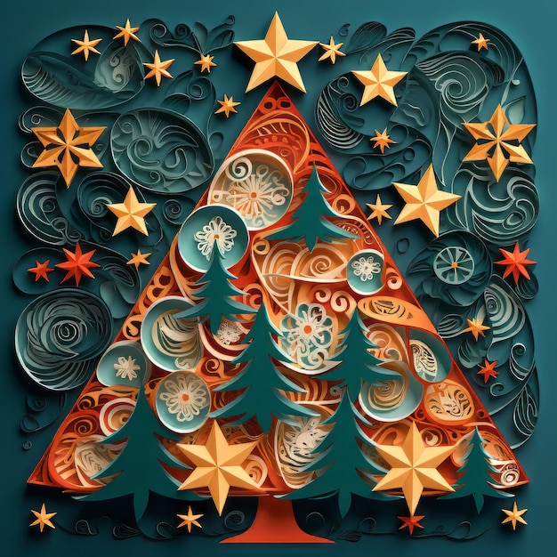 Christmas tree with seamless pattern paper cut