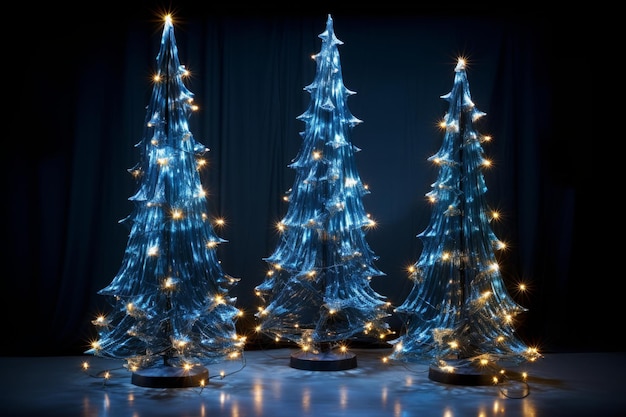 Christmas tree with shining light with particles falling snowflakes