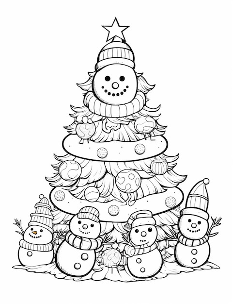 A christmas tree with snowmen and a christmas tree