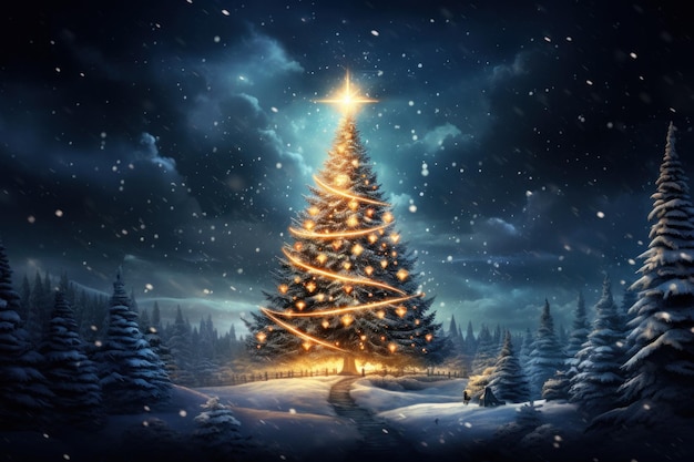 Рождественское дерево с заснеженным холмом и луной, поднимающейся в небе