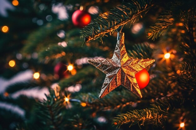 A christmas tree with a star stars and red ornamen