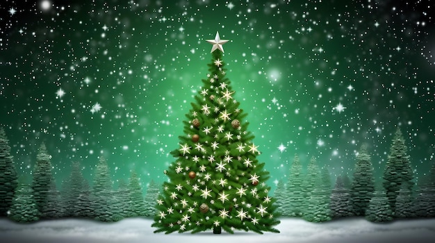 A Christmas tree with a star on top surrounded by snowflakes