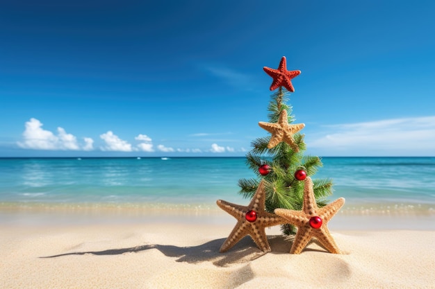 写真 砂浜で海星を飾ったクリスマスツリー