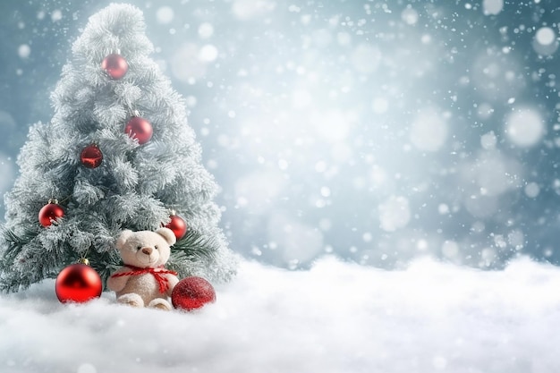A christmas tree with a teddy bear in the snow