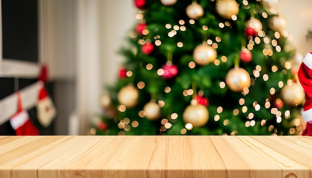 トップウッドテーブルとクリスマスの日の前に背景をぼかしたクリスマスツリー