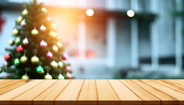 Christmas tree with top wood table and Blur background before Christmas day