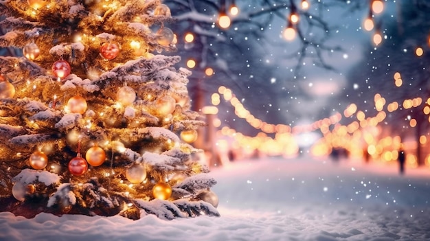 Рождественская елка с игрушками и санками в городском парке Украшенная елка снаружи светом Генеративный искусственный интеллект
