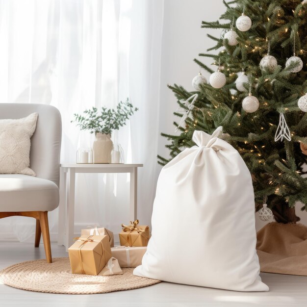 Photo a christmas tree with a white bag that says christmas on it