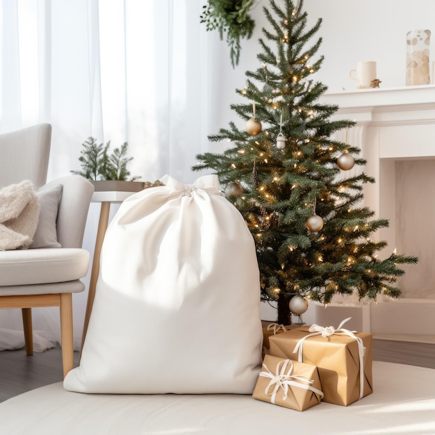 Photo a christmas tree with a white cloth wrapped around it and a christmas tree in the corner