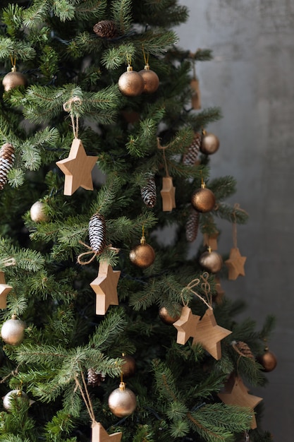 Christmas tree with wooden rustic decorations