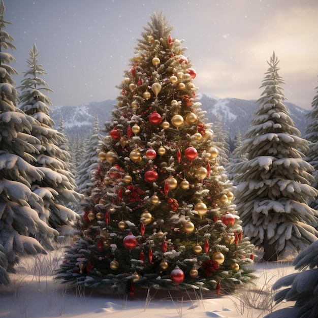 Christmas tree with xmas decorations snow illustration