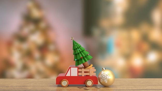 Рождественская елка в деревянном грузовике на деревянном столе 3d-рендеринг