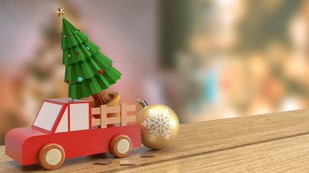 The Christmas tree in wood truck on wood table 3d rendering