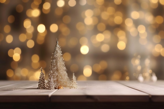 Christmas tree on wooden table in front of blurred lights Christmas background