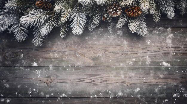 Christmas tree on a wooden table with snow and snow falling on the ground Generative AI