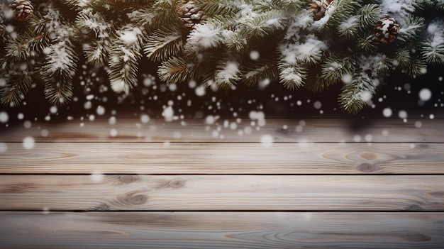 Christmas tree on a wooden table with snow and snow falling on the ground Generative AI