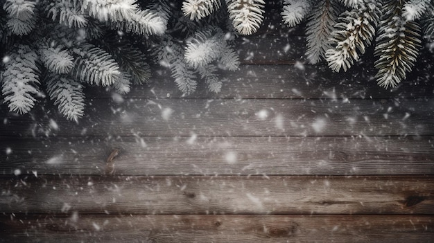 Christmas tree on a wooden table with snow and snow falling on the ground Generative AI