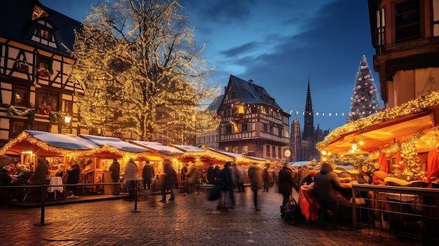 christmas tree and xmas market in winter