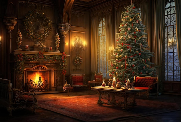christmas trees are placed in a room with a fireplace and gifts in the style of raphael lacoste