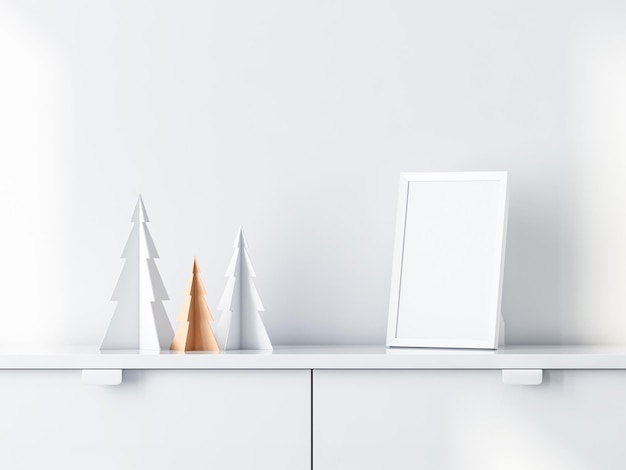 Christmas trees decor with White photo frame Mockup on bureau. 3d rendering