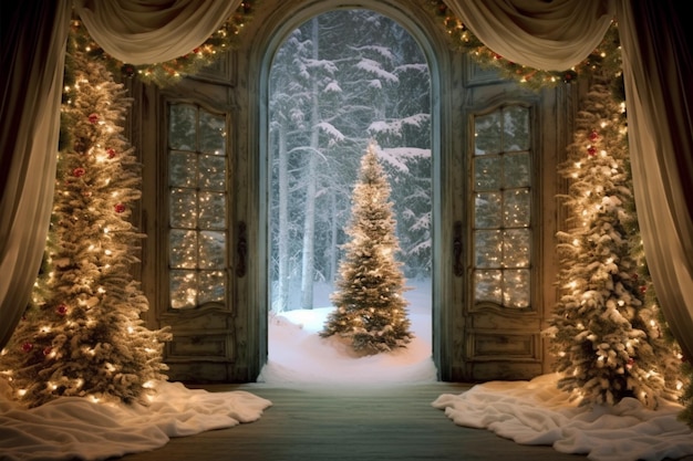 Christmas trees in a doorway with a snowy scene