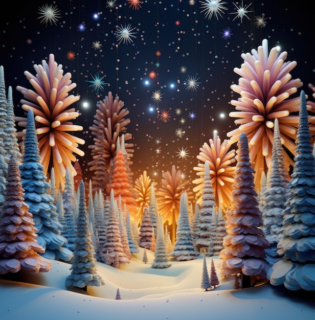 Рождественские елки и фейерверки в снегу