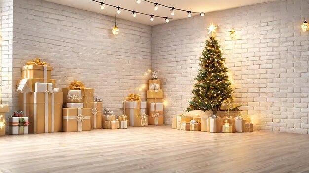 クリスマスツリーとギフトボックス ストリングライトで飾られた壁 パーティージェネレーティブAIのように