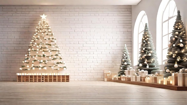 Christmas trees and gift box decorated wall with string light like a party generative AI