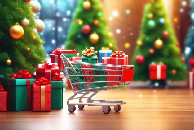 Christmas trees and gifts with a shopping cart and the atmosphere is joyful background