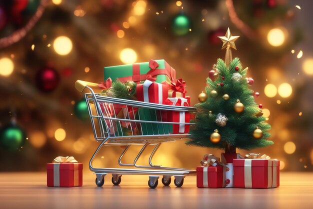 Christmas trees and gifts with a shopping cart and the atmosphere is joyful background