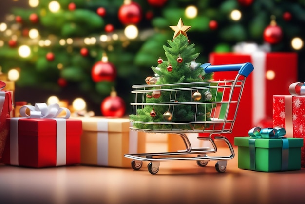 Christmas trees and gifts with a shopping cart and the atmosphere is joyful background