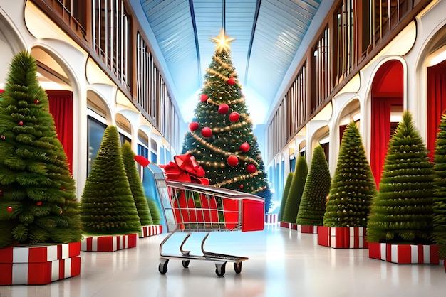 Christmas trees and gifts with a shopping cart and the atmosphere is joyful background