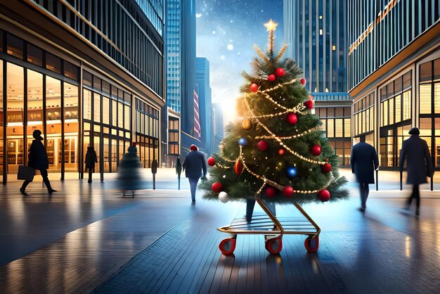 Photo christmas trees and gifts with a shopping cart and the atmosphere is joyful background