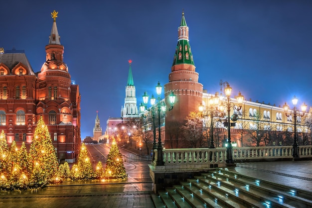 모스크바 크렘린과 크렘린 타워 근처 Manezhnaya 광장에 크리스마스 트리