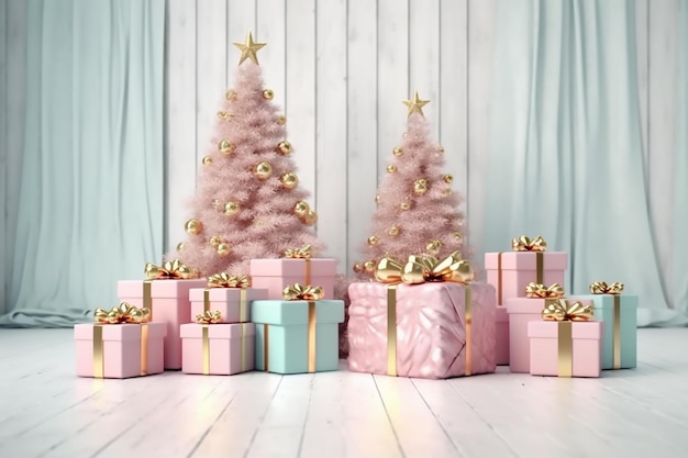 クリスマス ツリーのミントとピンクのギフト ボックス、白いインテリアに金色のリボンが付いている生成 AI