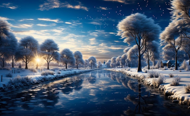 Фото Рождественские деревья на заснеженном горизонте картина зимней сцены с рекой и деревьями