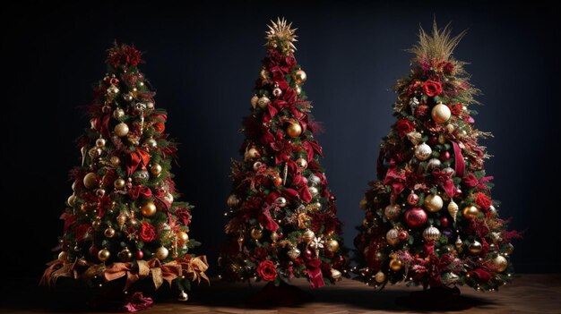 Christmas trees in a row with red and gold ornaments