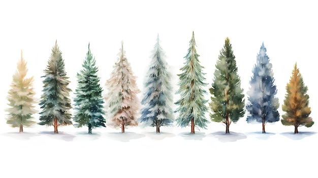 christmas trees in winter forest watercolor hand painted illustration