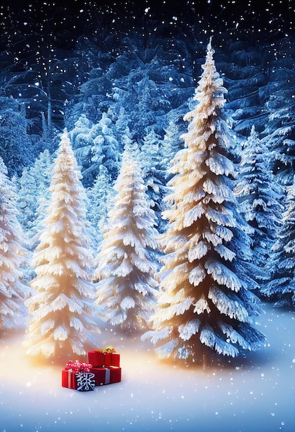 Christmas trees with gifts in boxes New Year's cheerful atmosphere A winter Christmas forest